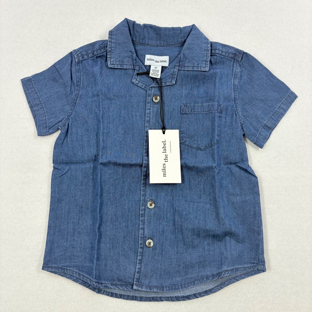 Miles The Label Boys Blue Denim Chambray Short Sleeve Button Up Shirt Sz 3Y‎ NWT